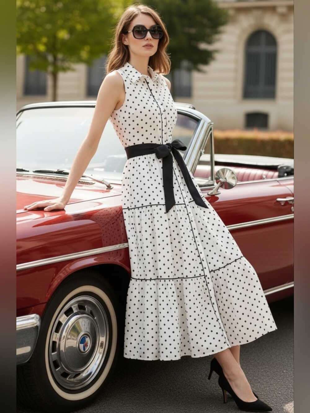Retro Belted Polka Dot Tiered Midi Shirt Dress Sleeveless Collared Button Front